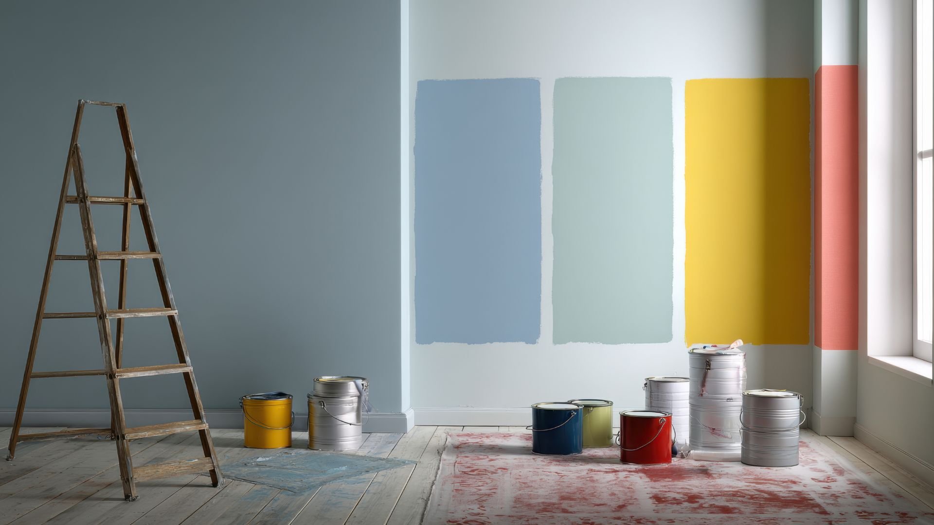 Colorful paint cans and ladder near painted wall with color samples
